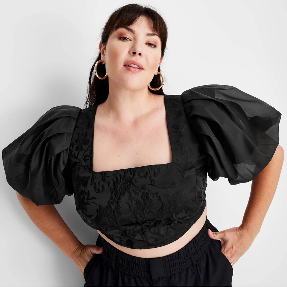 Future Collective with Kahlana Barfield puff sleeve black floral cropped top